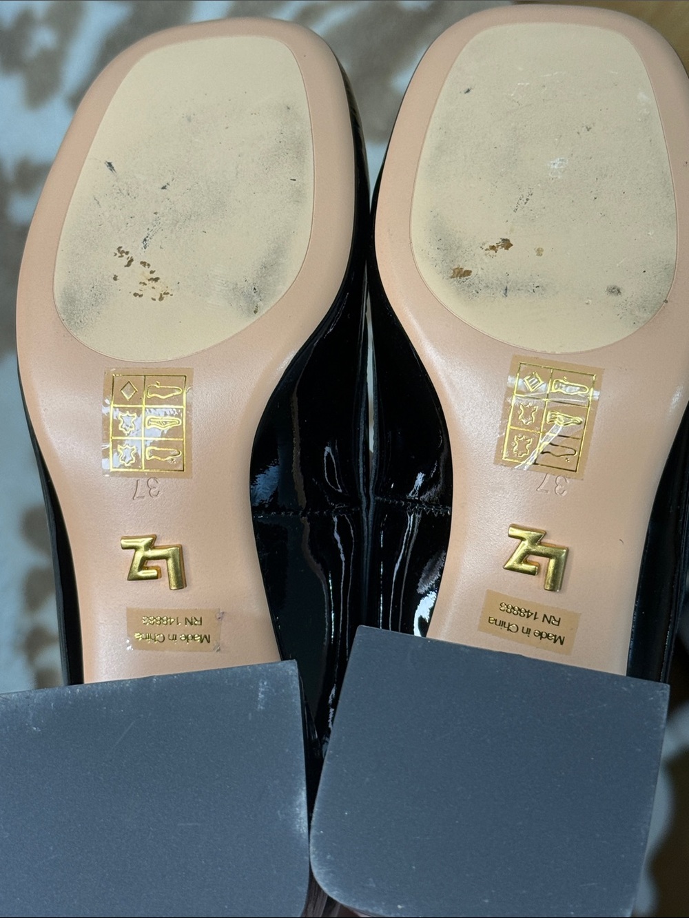 LOLA CRUZ Black Patent Block Heel Loafers with Gold Accent - Picture 5 of 5